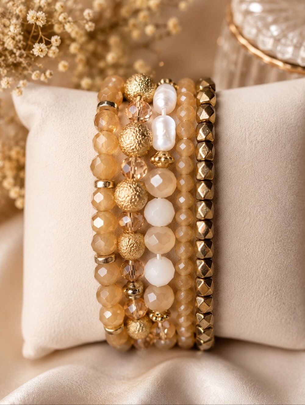 NWT 5-Piece Champagne Gold Beaded Bracelet Stack Crystal Pearl Neutral CC